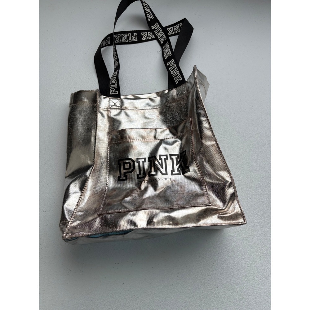 PINK Victoria's Secret Silver Metallic Tote Bag with Black Straps‎